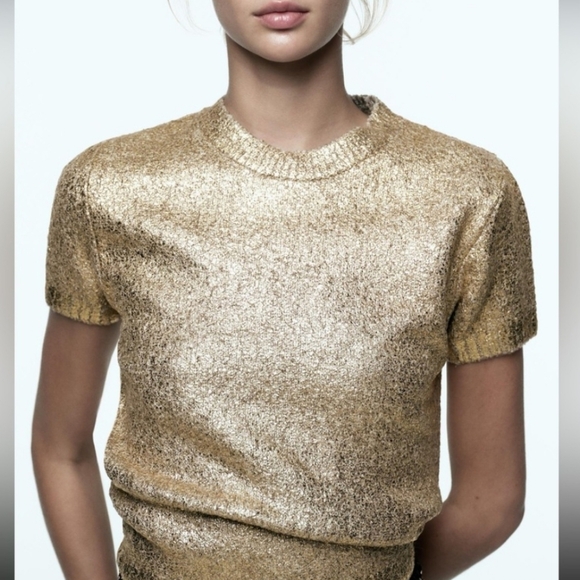 NWT Zara golden foil knit short sleeve Sweater - Picture 3 of 7